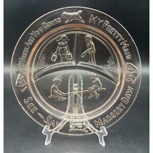 VTG PINK Glass Round Divided Child's Plate Kids Playing & Animals Rhymes 8.5”